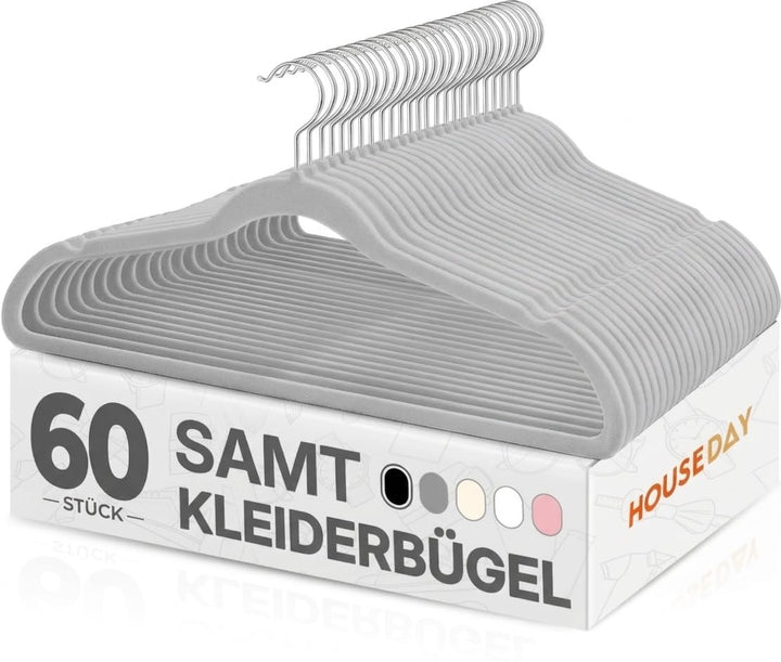 HOUSE DAY Grau Kleiderbügel 60 Stück, Samt Kleiderbügel Rutschfester Filz Bügel -Platzsparende, Prem