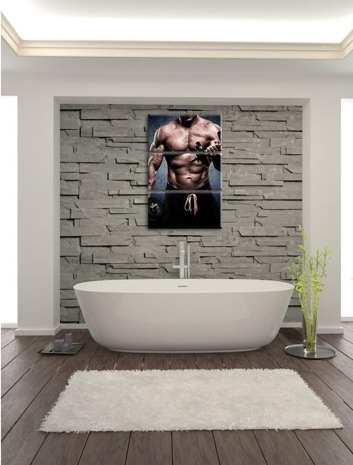 Pixxprint Starker Bodybuilder mit Hantel / 3-Teilig/Gesamtmass 120cm Leinwandbild bespannt auf Holzr
