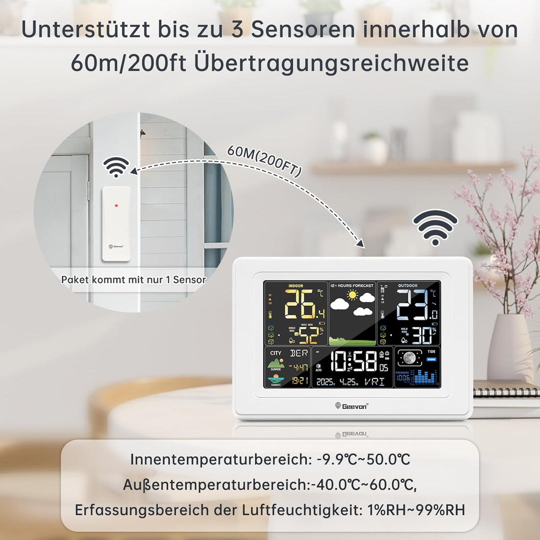 Geevon Wetterstation mit DCF Funkaussensensor, Farb VA Display, Wettervorhersage und Komfortanzeige,