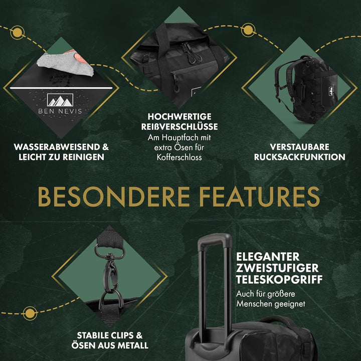 BEN NEVIS Reisetasche mit Rollen – 3in1 Tasche, Trolley + Rucksack [Gross 80L - 3,4kg] Travel Bag Re