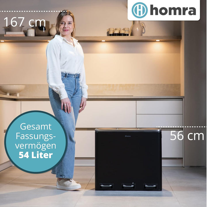Homra Mülleimer Küche 3 Fächer Sparq 54l | Mülltrennsystem 3Fach | Edelstahl Treteimer 3x18 Liter |