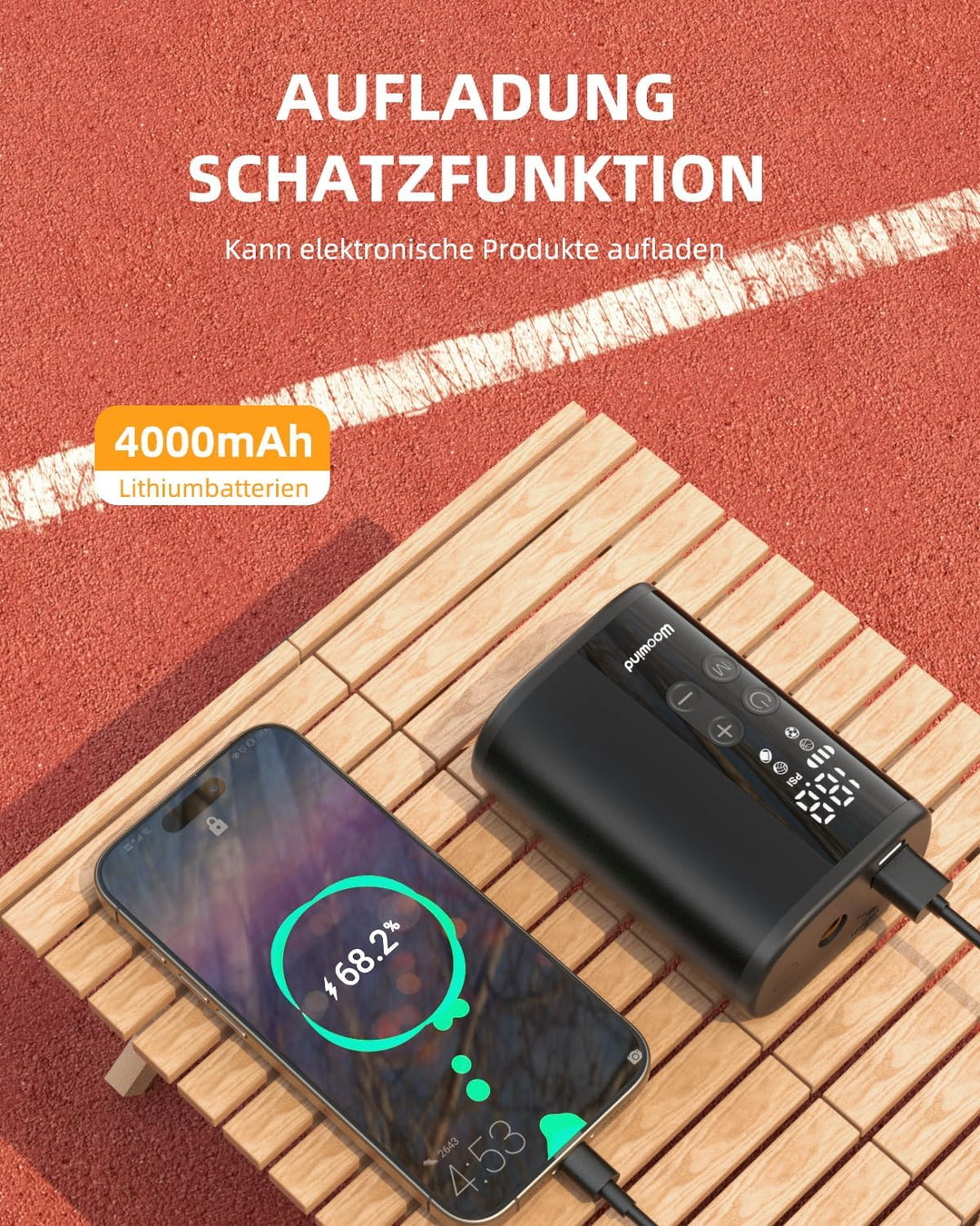 Woowind P101 Ballpumpe Elektrisch mit 12 PSI, 4000mAh Power Bank, LED Licht, Auto-Stop, für Fussball