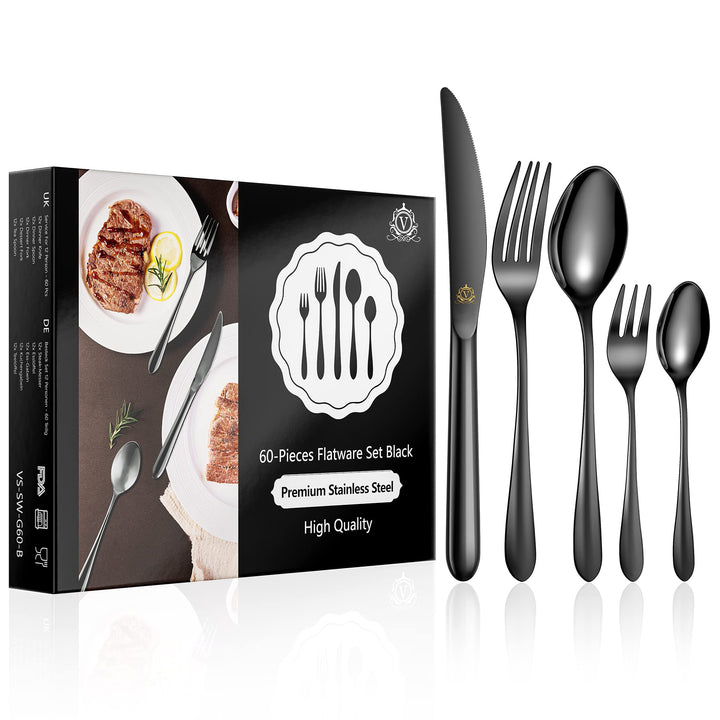 vancasso Besteck Schwarz 60-Teilig, Besteck Set für 12 Personen, 18/10 Edelstahl Besteckset mit Mess