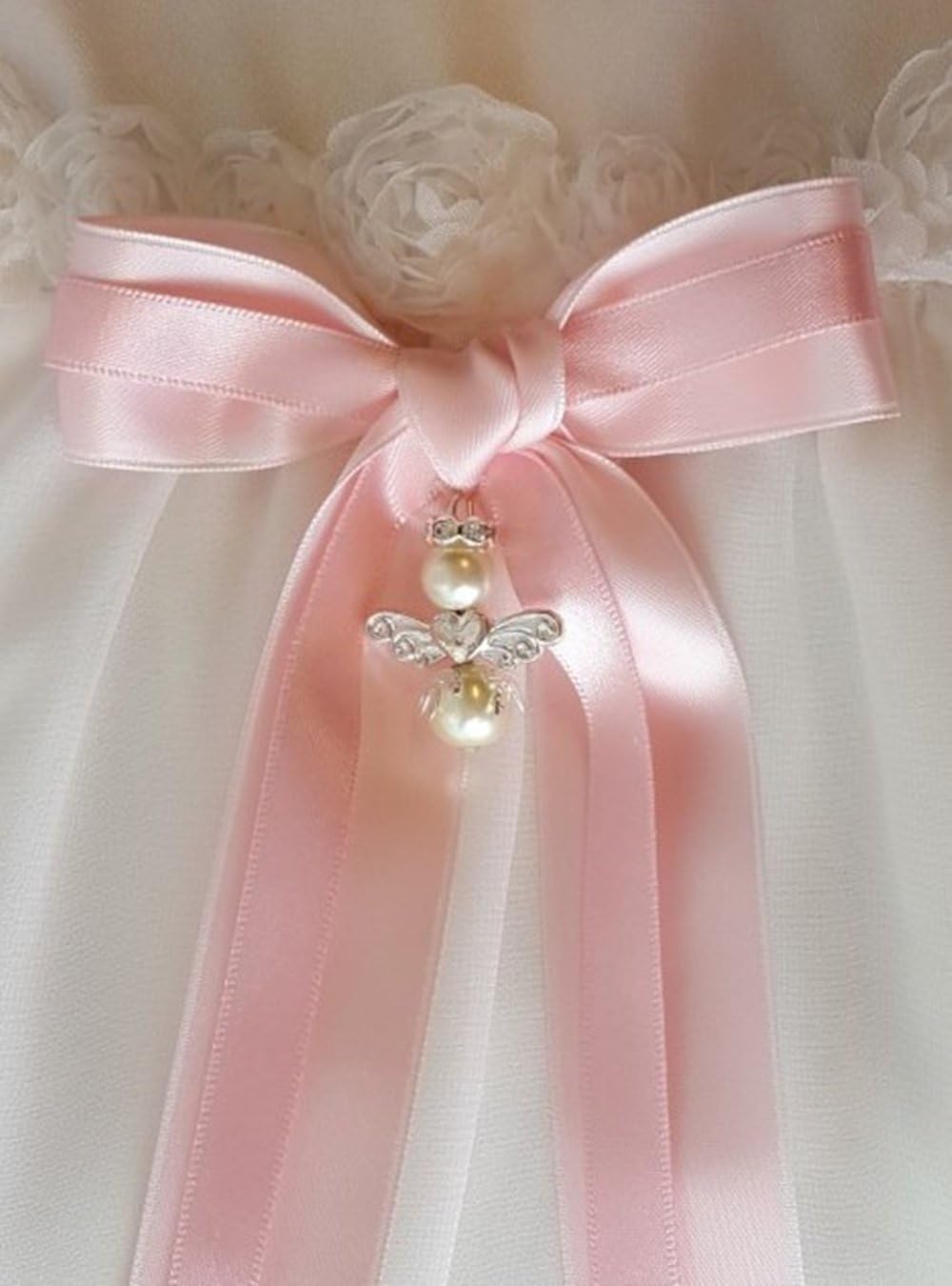 Taufschleife, zweifarbige Rosa Rosette mit Schutzengel aus der Grace of Sweden, Rose