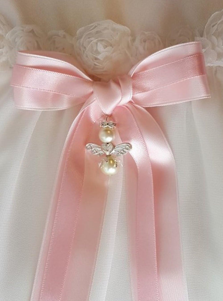 Taufschleife, zweifarbige Rosa Rosette mit Schutzengel aus der Grace of Sweden, Rose