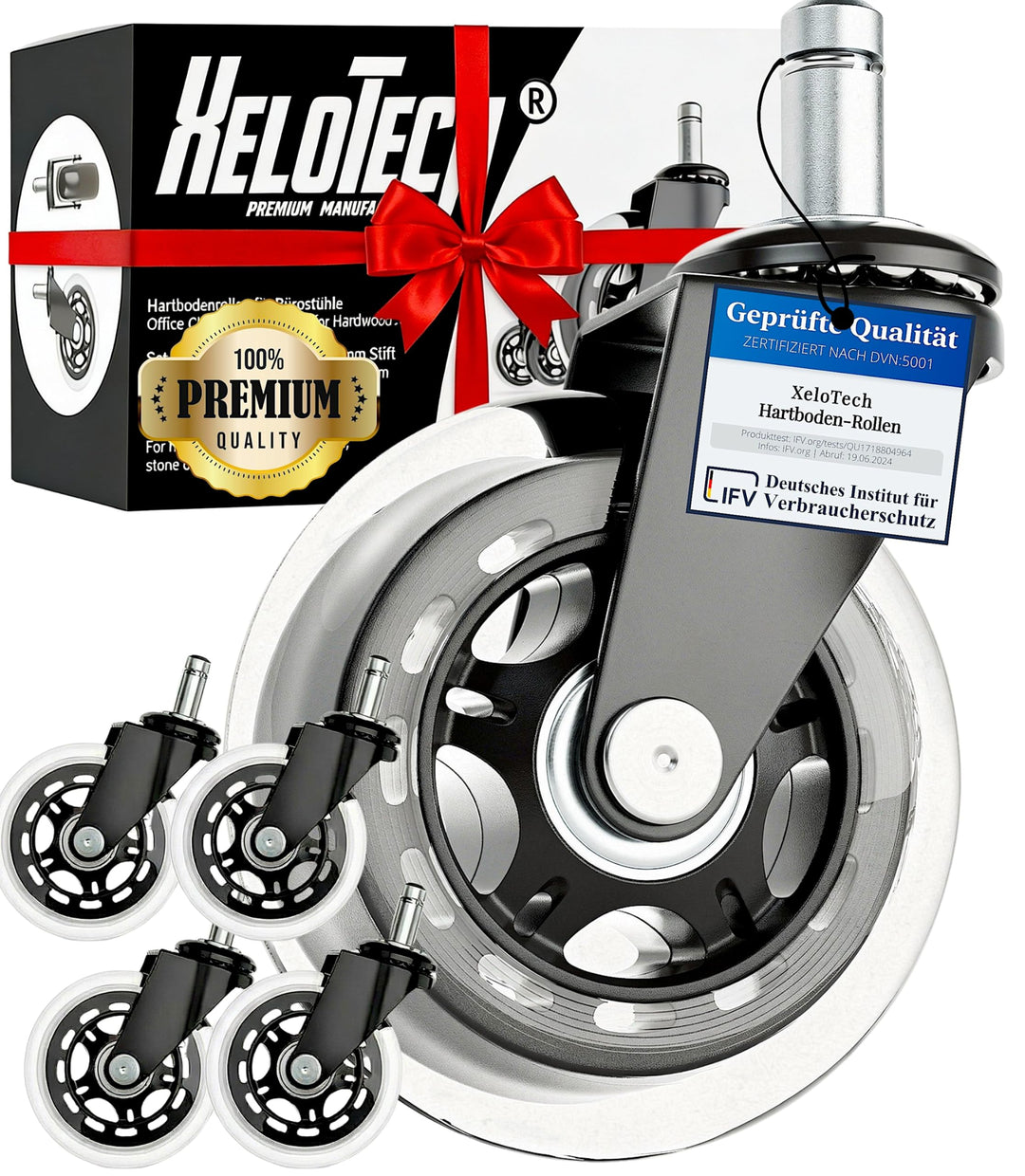 XeloTech 5er Set Hartboden-Rollen für Bürostuhl - 11mm x 22 mm - Sehr leise Bürostuhlrollen - Nie Wi