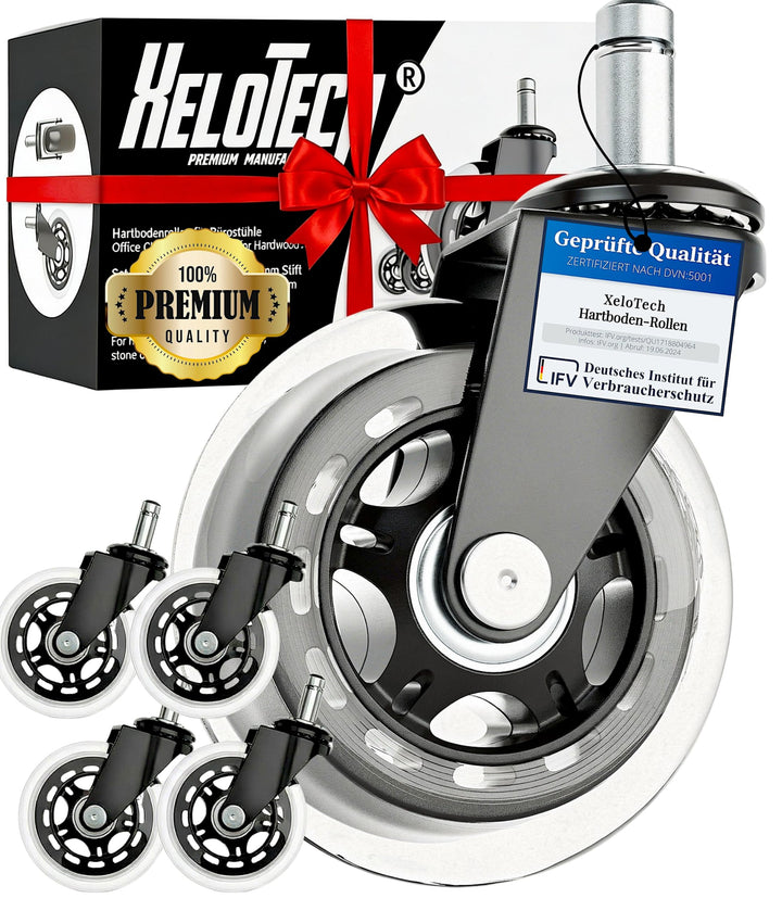 XeloTech 5er Set Hartboden-Rollen für Bürostuhl - 11mm x 22 mm - Sehr leise Bürostuhlrollen - Nie Wi