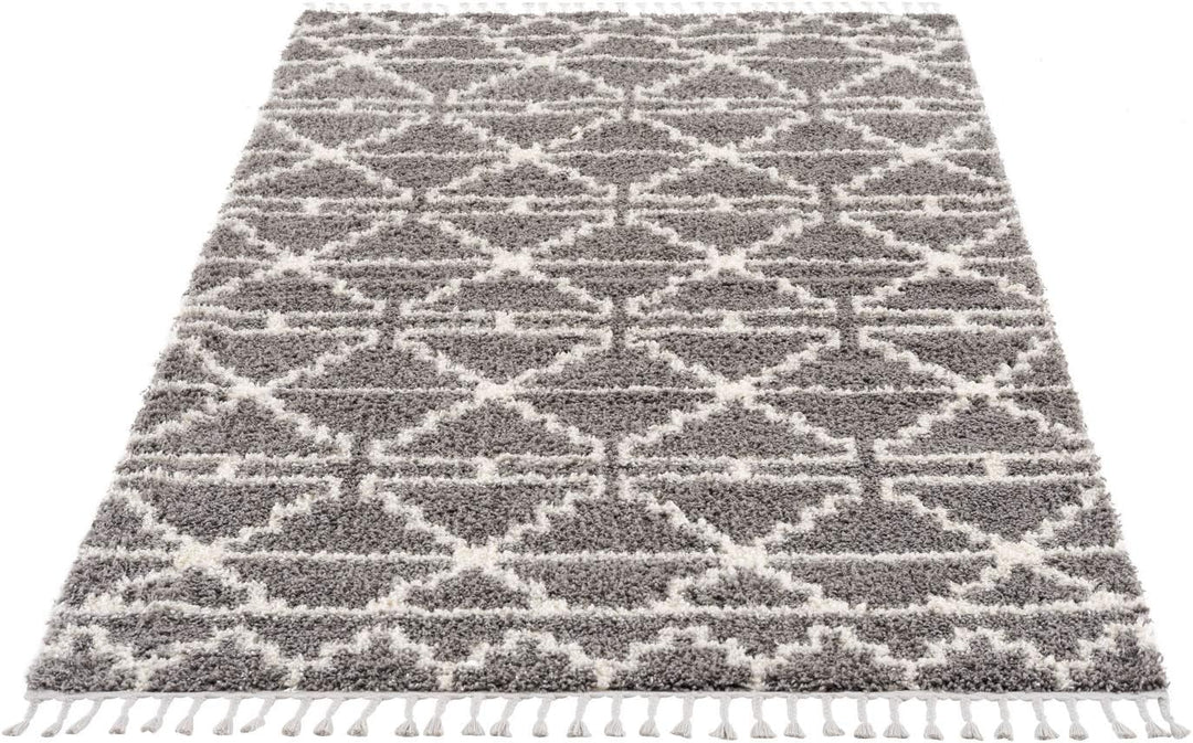 carpet city Teppich Hochflor Wohnzimmer - Ethno Skandi Stil 80x200 cm Grau Creme - Teppich-Läufer mi