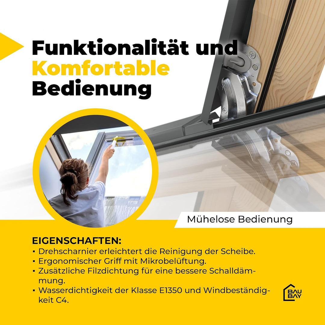 BAUBAY 66x118 cm Dachfenster aus Holz | Fenster mit 3-fach Verglasung | Schrägfenster | inkl. Eindec