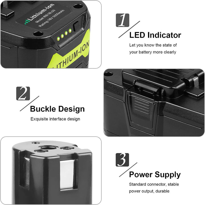LabTEC RB18L50 18V 5Ah Ersatzakku für Ryobi 2 Packs mit Dual Port Ladegerät Ersatz für Ryobi P117 12