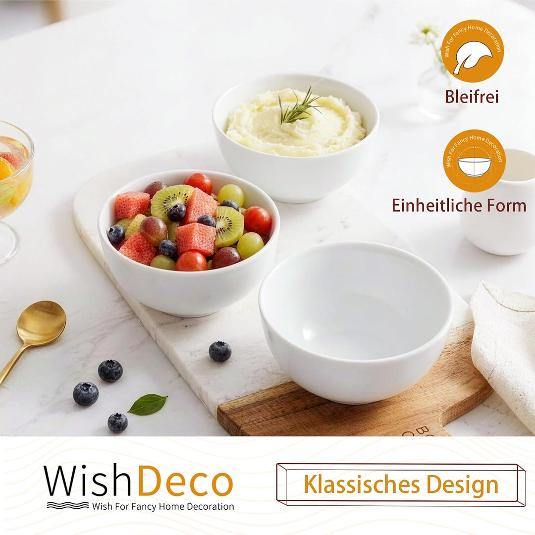 WishDeco Reisschalen 6er-Set, 300 ml Porzellan Schalen, Weisse Schalen für Suppe, Reis &amp; Dessert, Sp