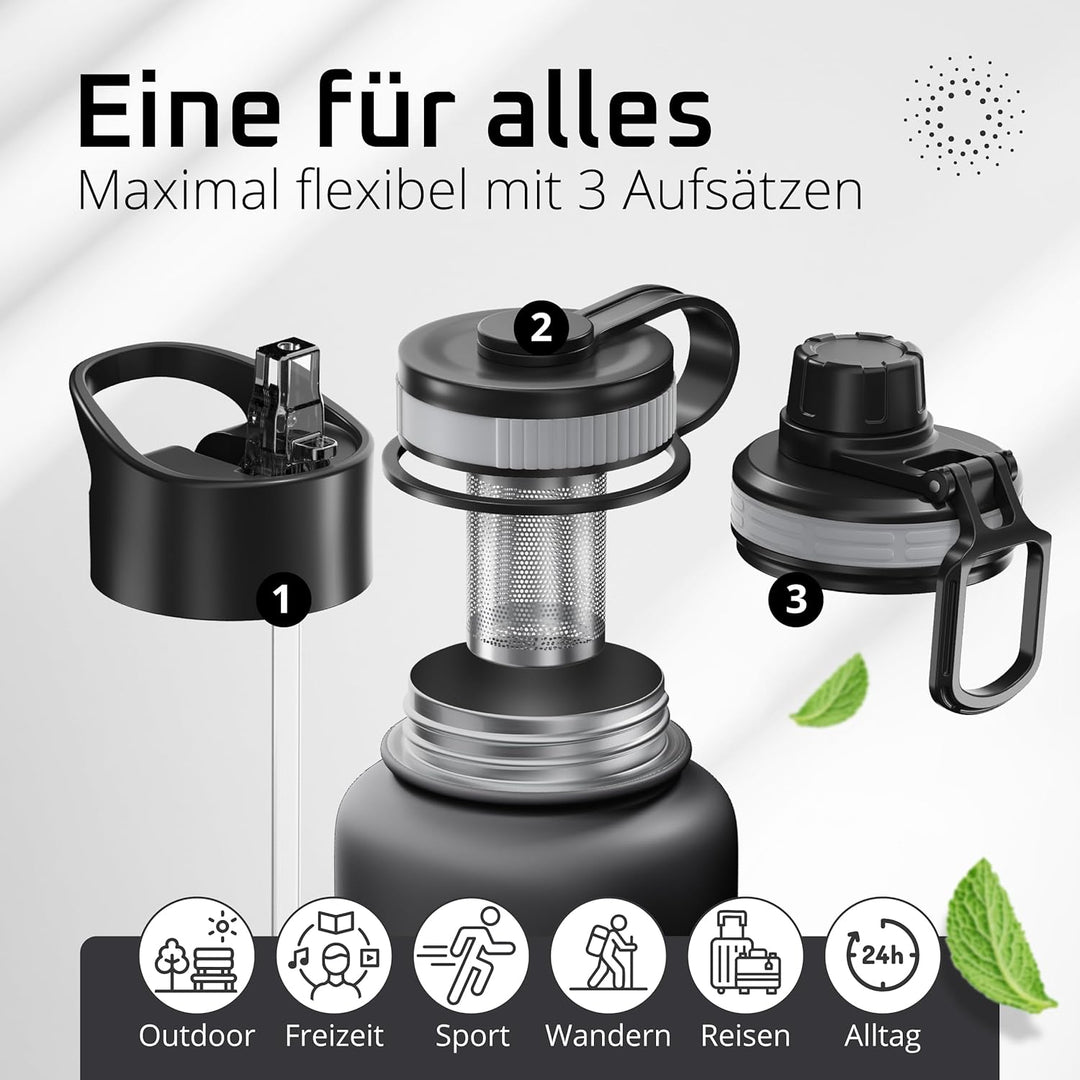 Trinkflasche Edelstahl ACTIVE FLASK + Strohhalm (3 Deckel) BPA-frei, Auslaufsicher, Kohlensäure geei