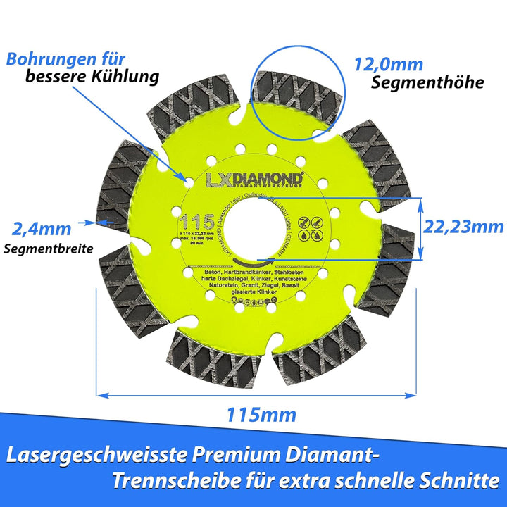 LXDIAMOND Diamant-Trennscheibe 115mm x 22,23mm - perfekt geeignet für Beton Stahlbeton Klinker Grani