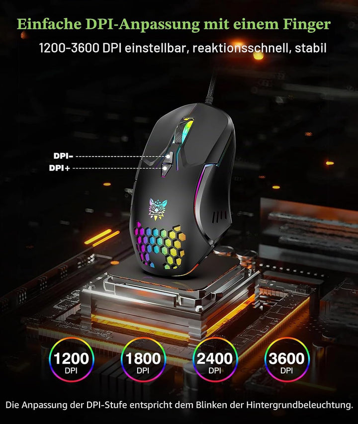 ONIKUMA GAMING Kabelgebundene Gaming-Maus mit 7 Farben LED-Hintergrundbeleuchtung, Computer-Maus für