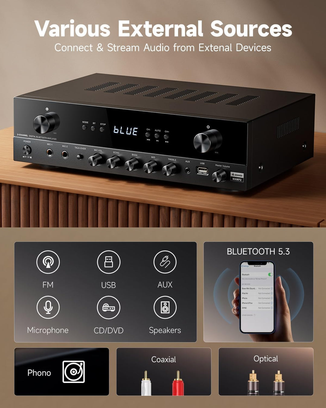 Donner Stereo Verstärker, 600 W Peak, 2-Kanal-Receiver mit Bluetooth 5.3, Phono, Optisch, Koaxial, U