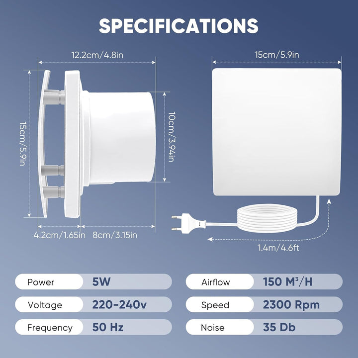 100mm Badlüfter mit Nachlauf, Badezimmer Lüfter mit 3-Gebläsestufen, 2-Timer, [35db, IPX4] Leiser Ab