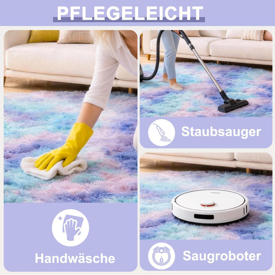 Runder Teppich 120 cm Blau-violett Waschbar Rutschfester Runder Hochflorteppich Wohnzimmer Schlafzim