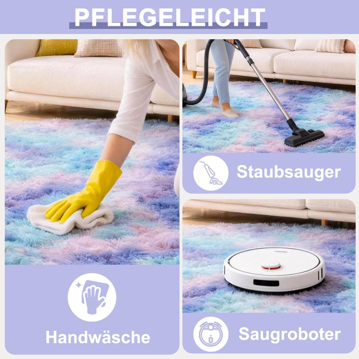 Runder Teppich 120 cm Blau-violett Waschbar Rutschfester Runder Hochflorteppich Wohnzimmer Schlafzim