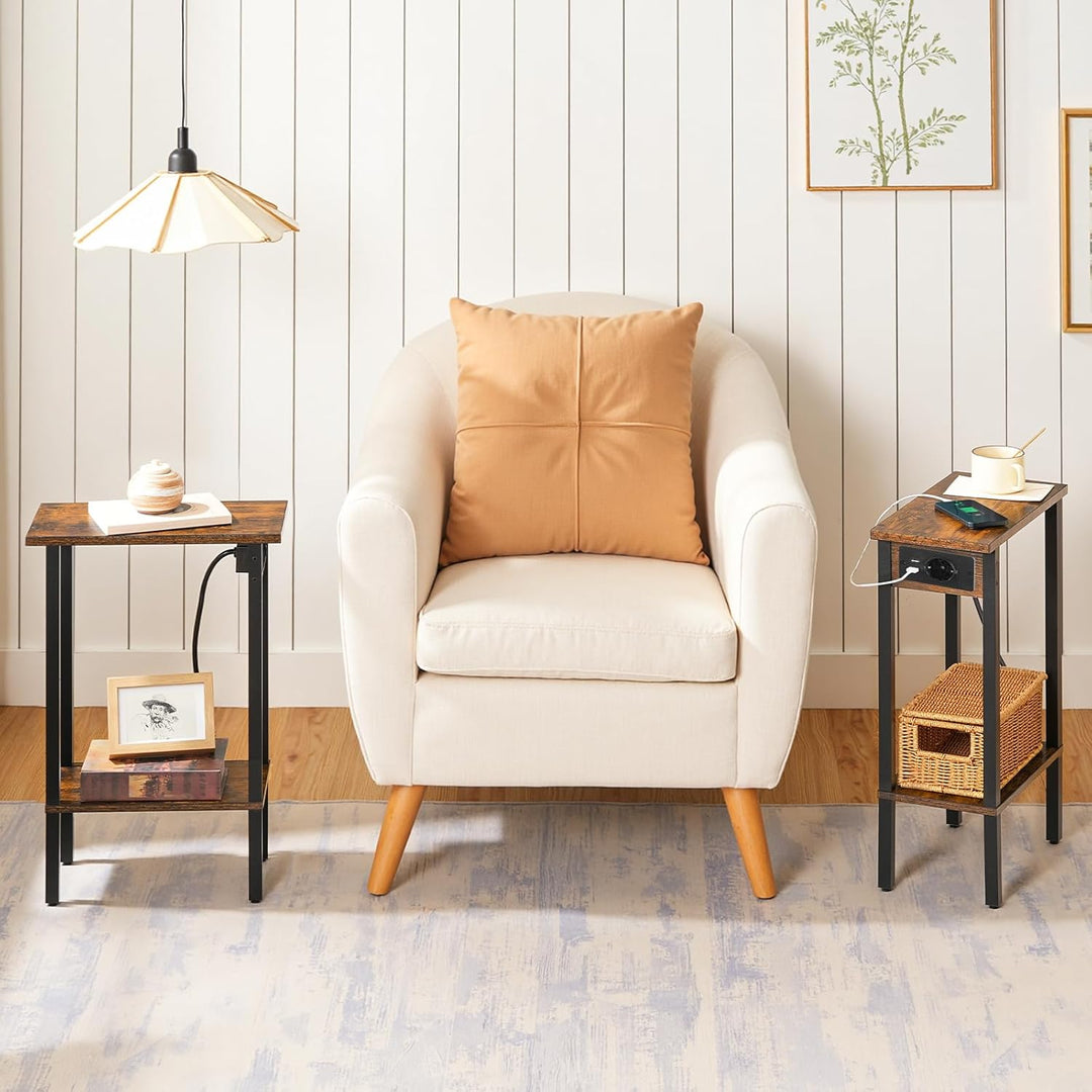 HOOBRO Schmaler Beistelltisch mit 2 Ebenen, Sofatisch Ladestation, Nachttisch mit Ablage, Couchtisch