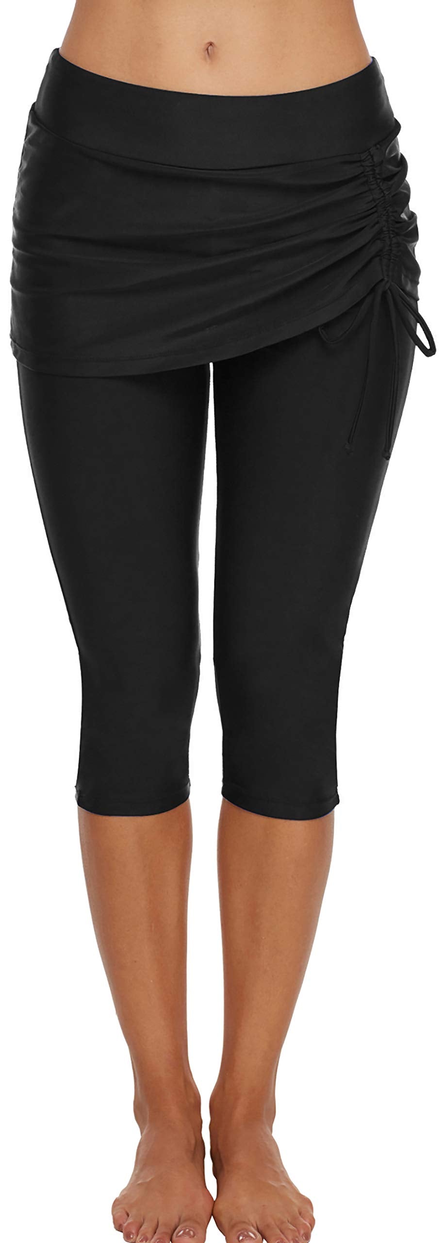Ecupper Badehose Damen Lang Schwimmhose Capri Badeleggings Mit Rock Schwimm M Schwarz, M Schwarz