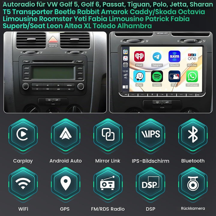 Hikity 8 Core/6+128G Android 15 Autoradio für VW Golf 5 6 Tiguan Caddy Polo Touran mit Wireless CarP