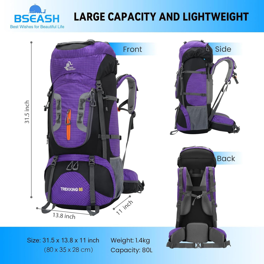 Bseash 80L Wasserdichter Wanderrucksack mit Regenschutz, leichter Outdoor-Sport, Reisen, Tagesrucksa