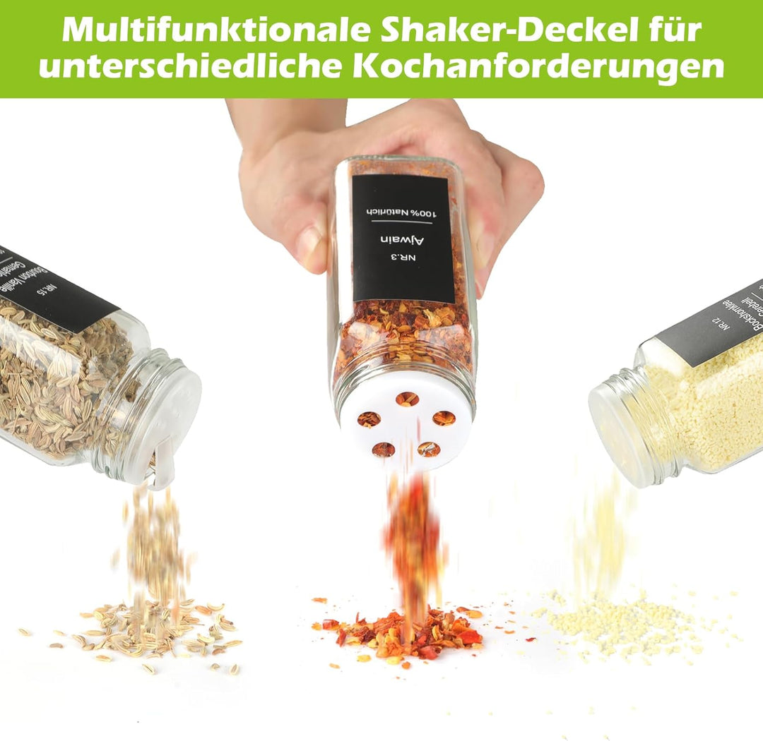 24er Set Gewürzgläser Eckig mit Streueinsatz - mit 324 Deutsch Wasserfeste Label - 120ml Luftdichte