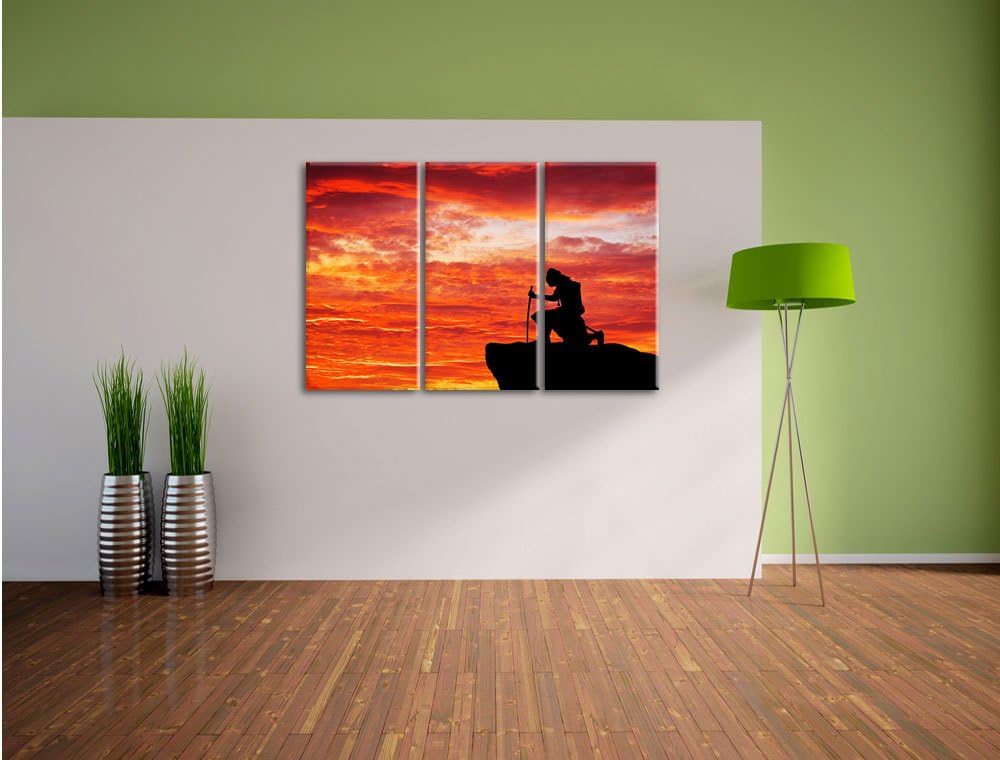 Pixxprint Samurai auf der Spitze des Berges als Leinwandbild | Grösse: 3 Teilig (120x80) | Wandbild|