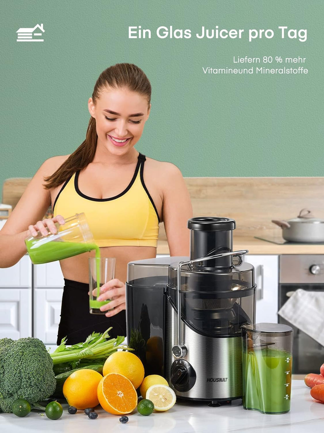 HOUSNAT Entsafter Gemüset und Obst, Juicer mit Grossem Mund, Grossem 65-mm-Zufuhrschacht und 3 Gesch