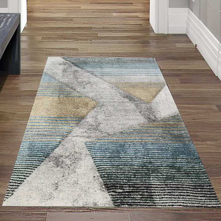 moderner Wohnzimmerteppich abstraktes Muster gestreift grau blau Gold - pflegeleicht Grösse 80x150 c