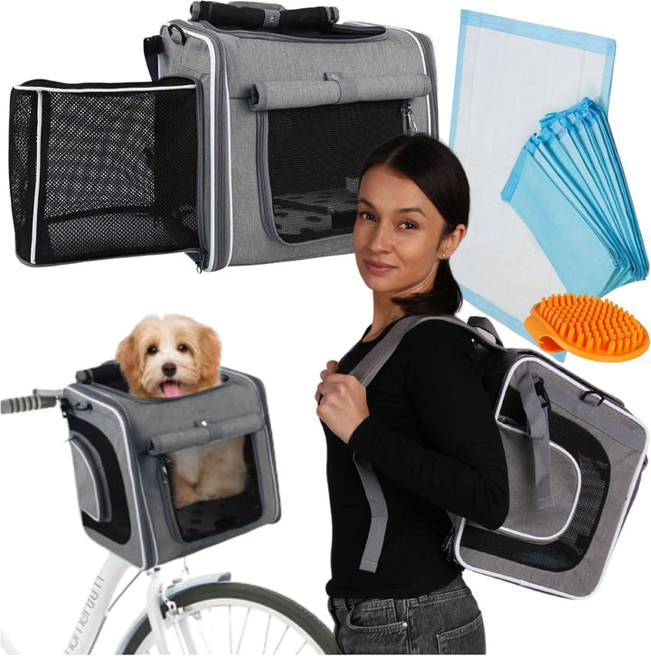 Transportrucksack 4in1 für Tiere bis 5,5 kg, 34x36x26 cm, mit Matte und Bürste, grau