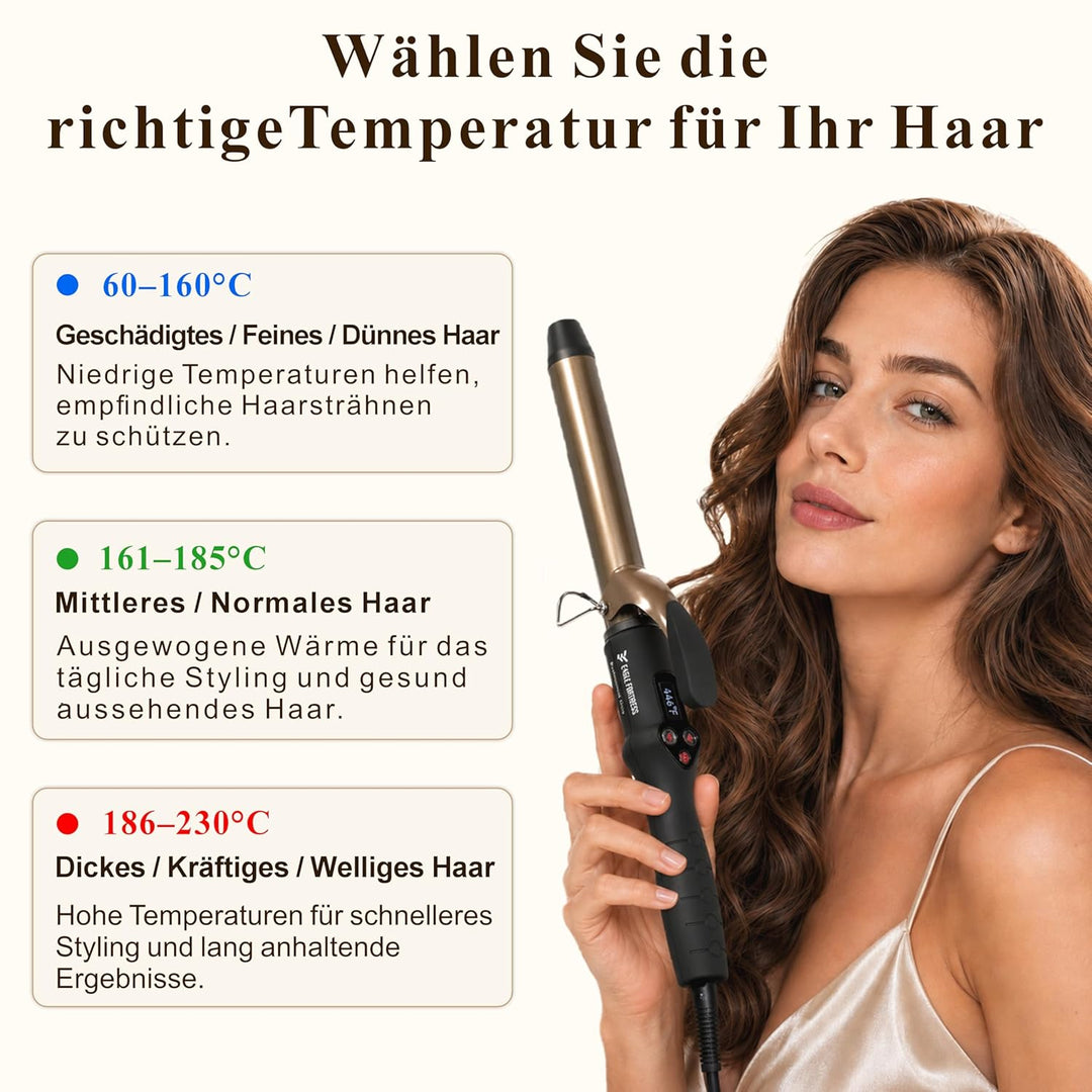 Professioneller Lockenstab mit LCD-Display, 30 Sek. Schnellaufheizung, 60°C–230°C, Keramik-Aluminium