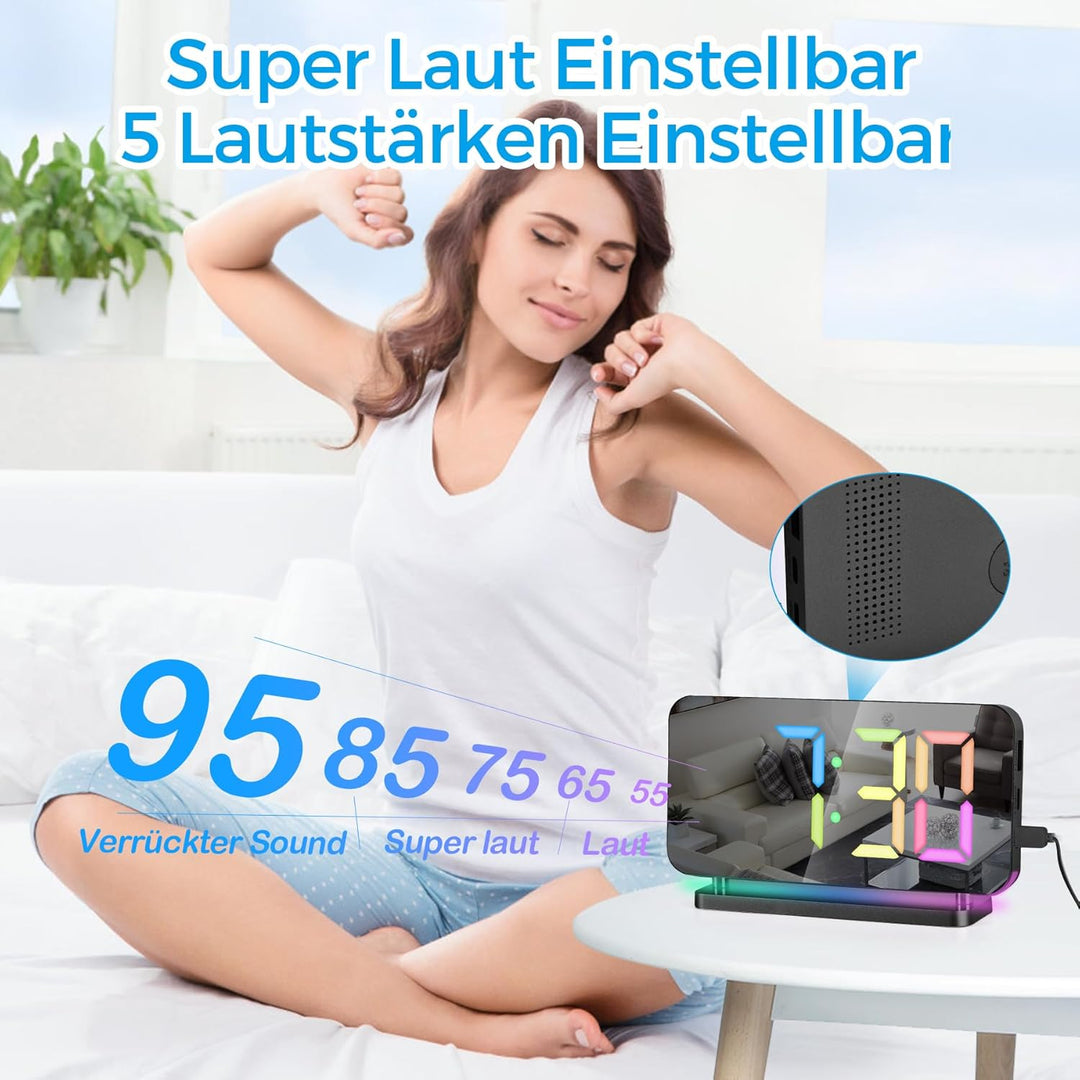 SZELAM Wecker Digital, Nachttisch,7,4" Spiegeluhr mit 10 Modi RGB-Nachtlicht,11 Farben LED Digitalan