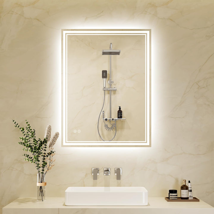 Badspiegel-mit-Beleuchtung 40x60cm LED Badezimmer-Spiegel mit Beschlagfrei, Touch-Schalter, 3 Lichtf