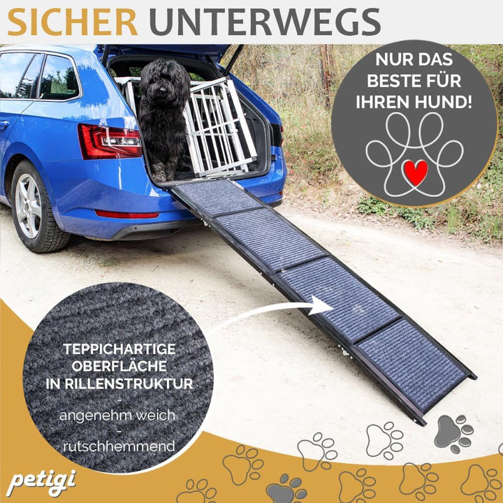 Petigi Hunderampe mit rutschfesten Teppich 180 cm klappbar für Auto Hunde Rampe Hundetreppe Einstieg