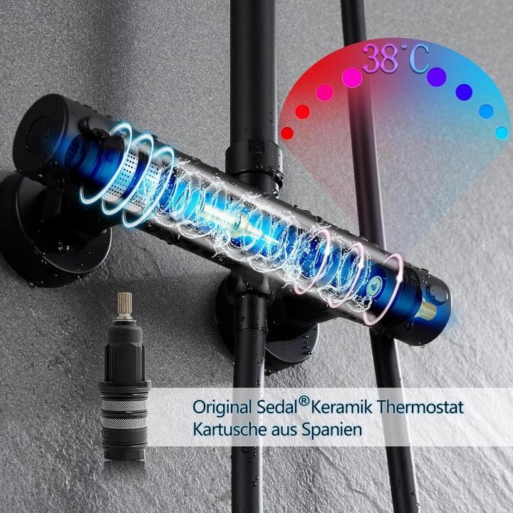 JOHO Thermostat Duschset aus Edelstahl Duschsystem mit Thermostatarmatur XL Kopfbrause Matt Schwarz