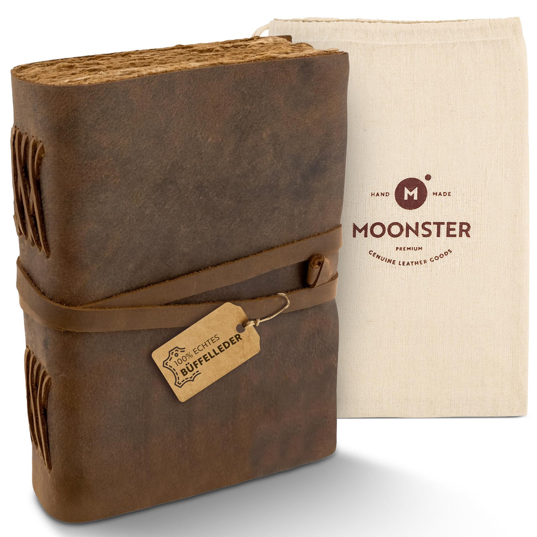 moonster Vintage Leder Notizbuch - 240 Seiten Holzfreies Baumwoll-Büttenpapier - Handgefertigtes Vin