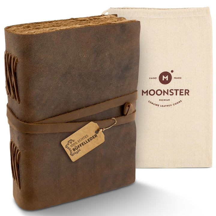 moonster Vintage Leder Notizbuch - 240 Seiten Holzfreies Baumwoll-Büttenpapier - Handgefertigtes Vin