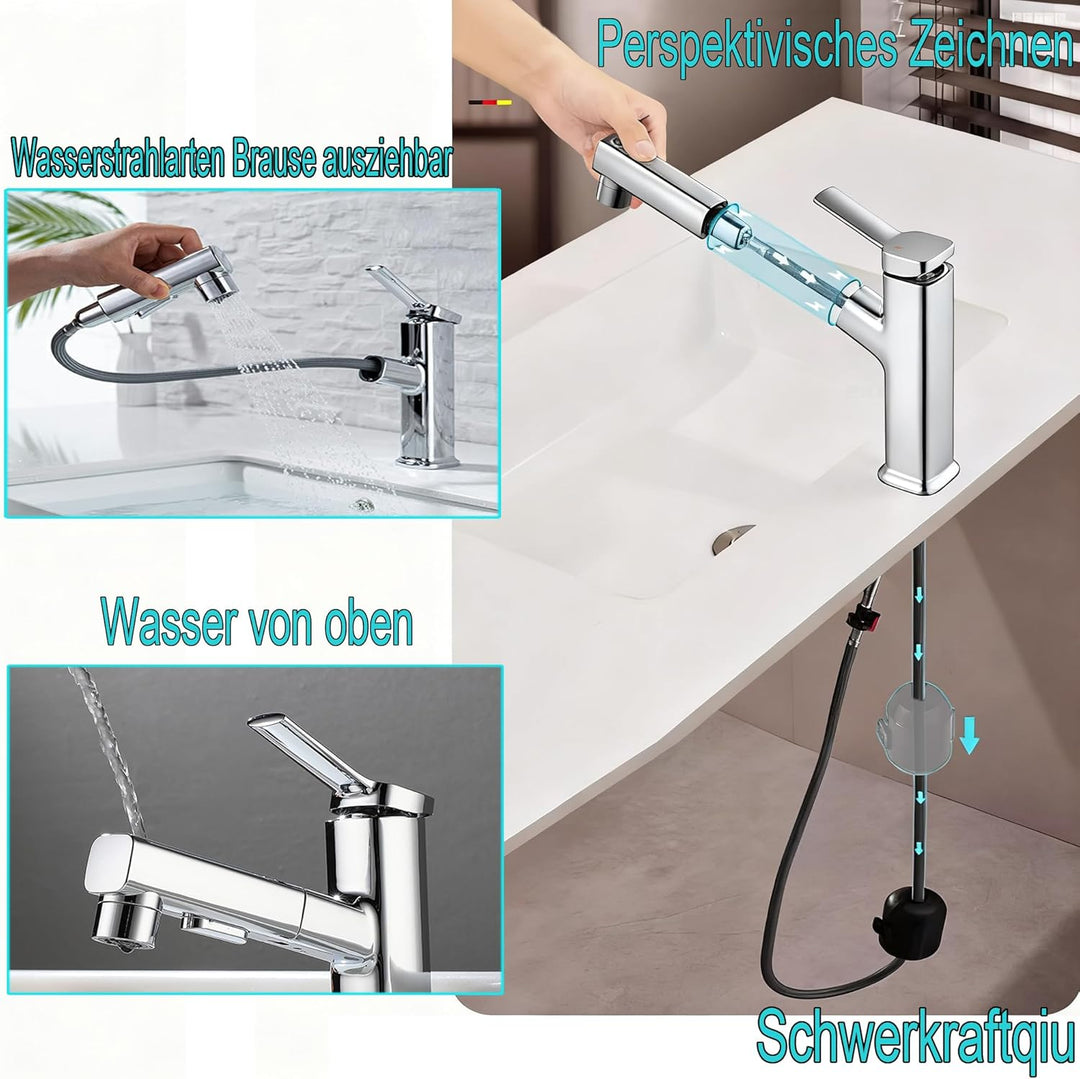 Wasserhahn Bad mit Ausziehbar Brause, Armatur Badezimmer mit 2 Strahlarten, Einhebelmischer Waschbec