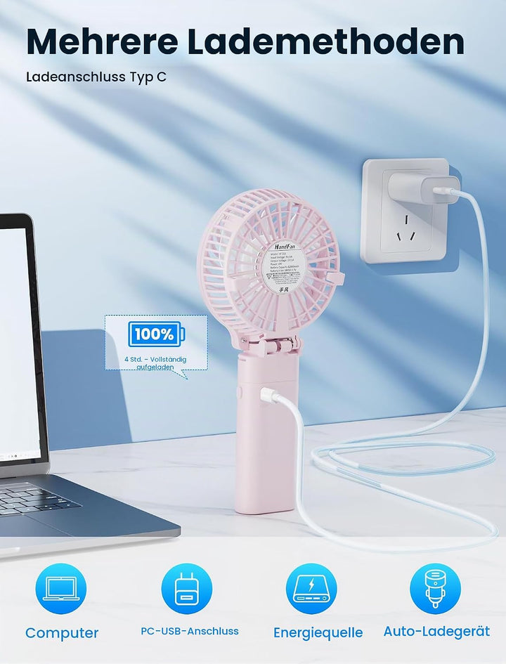 HandFan Handventilator mit 5200 mAh, wiederaufladbar, 20 Stunden Laufzeit, Handventilator, 3 Geschwi