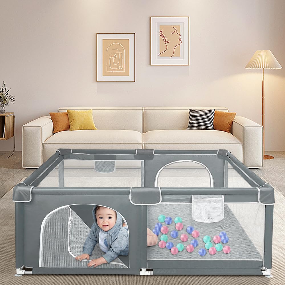 Laufstall Baby 120x160 cm – Baby Laufgitter aus Oxford Stoff mit Netz, rutschfest, mit Aufbewahrungs