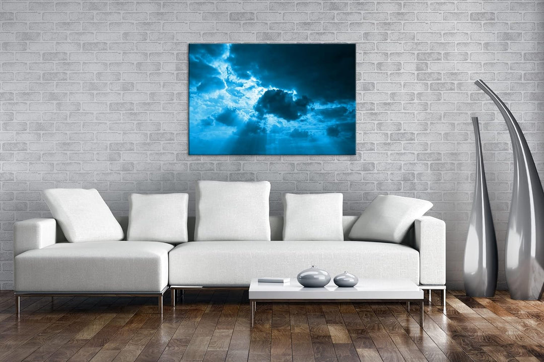deyoli strahlende Wolken Format 80x60 Effekt: Monocrome Blau als Leinwandbild, Motiv fertig gerahmt