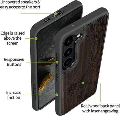 Carveit Hülle für Galaxy S23 Plus Case [Elegante Dunklesholz] [Weich TPU Stossstange] Stossfeste Han