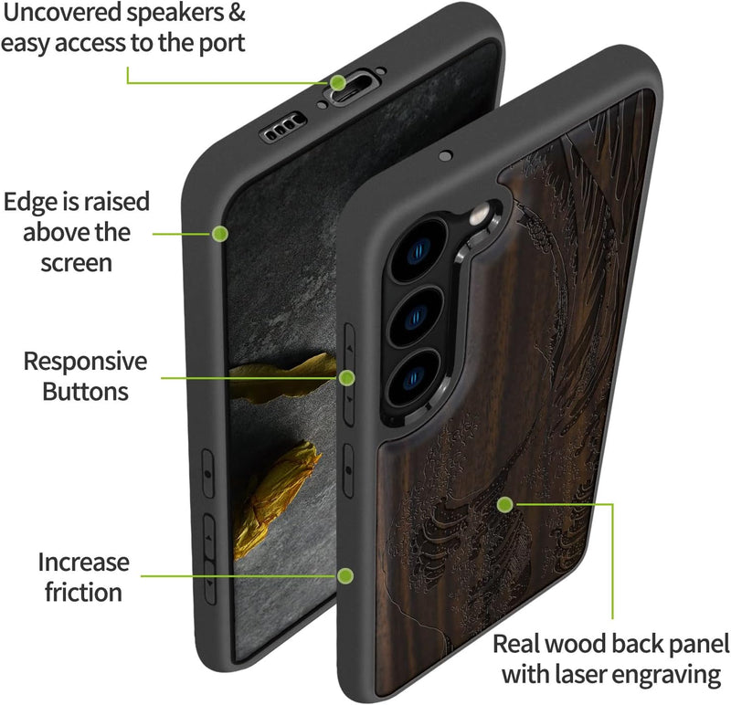 Carveit Hülle für Galaxy S23 Case [Elegante Dunklesholz] [Weich TPU Stossstange] Stossfeste Handyhül