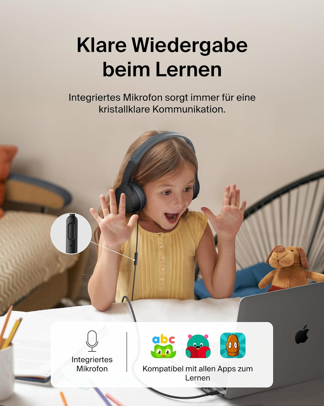 Belkin SoundForm Kopfhörer Kinder mit Kabel, USB-C auf 3,5-mm-Klinken Dongle, integriertes Mikrofon,