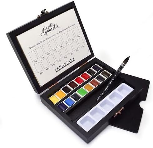 Sennelier La Petite Aquarelle Travel Watercolor Set, Black Wood Case, Student Grade, Includes 16 Hal