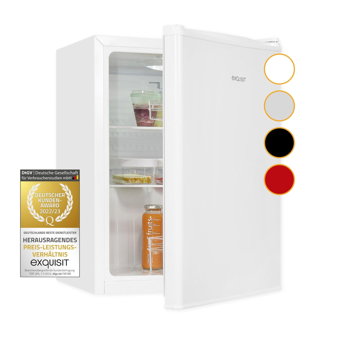 Exquisit Mini Kühlschrank KB60-V-090E weiss | 52 l Nutzinhalt | LED-Innenbeleuchtung | Glasablagen |