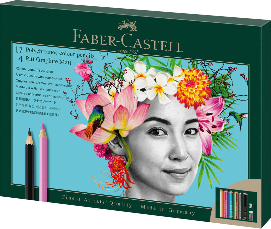 FABER-CASTELL 210052 - Zeichenset 23-teilig mit Polychromos Buntstifte und Bleistifte Pitt Graphite