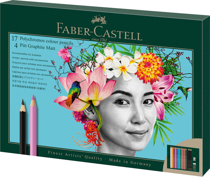FABER-CASTELL 210052 - Zeichenset 23-teilig mit Polychromos Buntstifte und Bleistifte Pitt Graphite