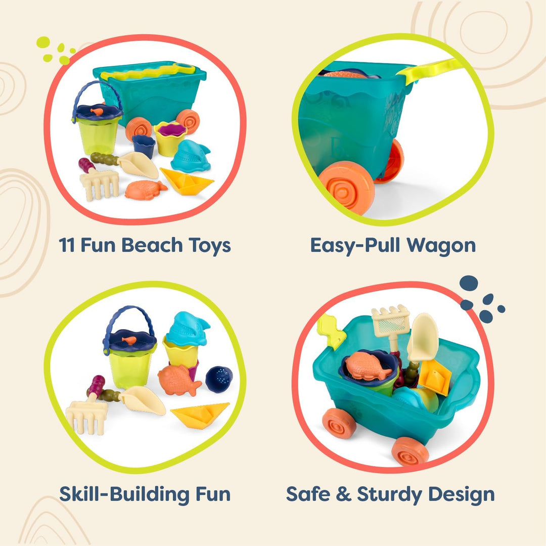 B. toys Sandspielzeug 11 Teile mit Bollerwagen – Sandkasten Spielzeug, Strand, Spielplatz mit Eimer,